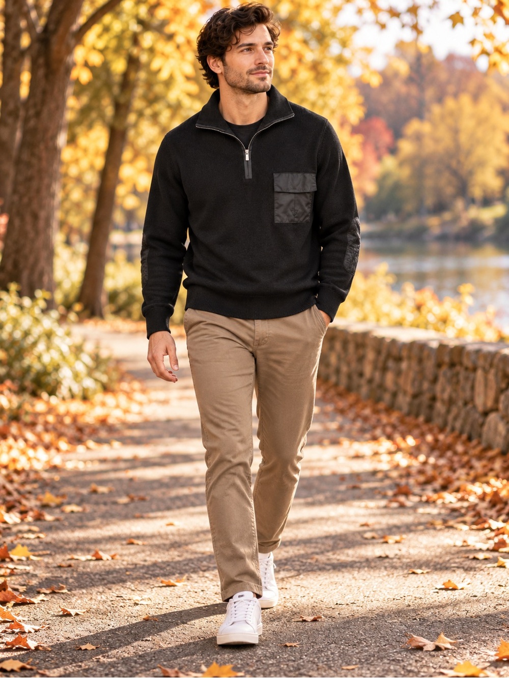 Faconnable Men’s 100% Merino Wool Half Zip Sweater M Black Elbow Patch Pocket